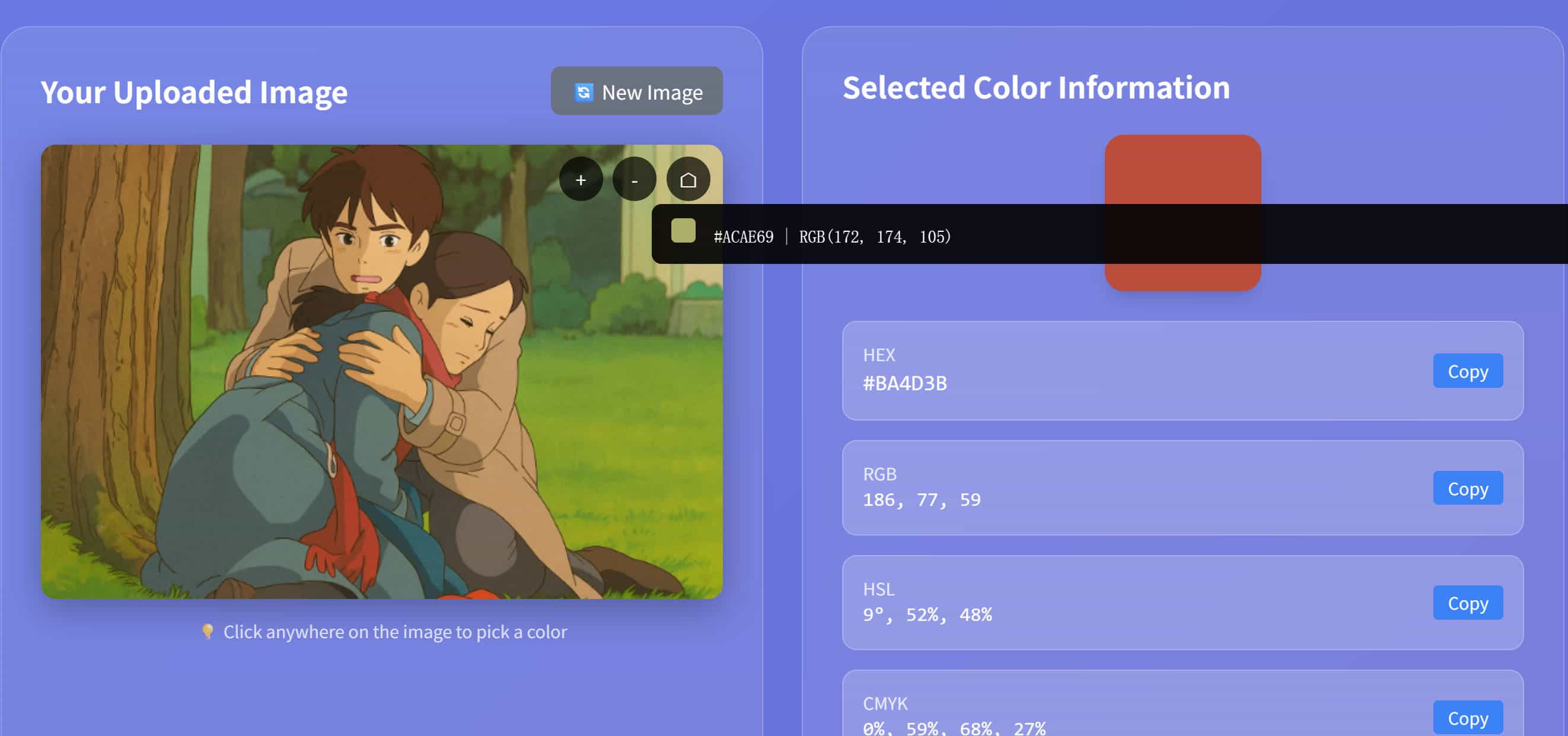 WhatColorMake Image Color Picker Tool Interface Screenshot
